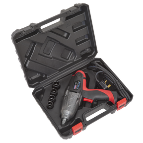 Introducing the Sealey Impact Wrench 1/2" Sq Drive 230V - IW230V, a powerful power tool kit featuring a red and black electric impact wrench, four impact sockets, and a power cord. Everything is neatly organized in a durable black plastic carrying case.
