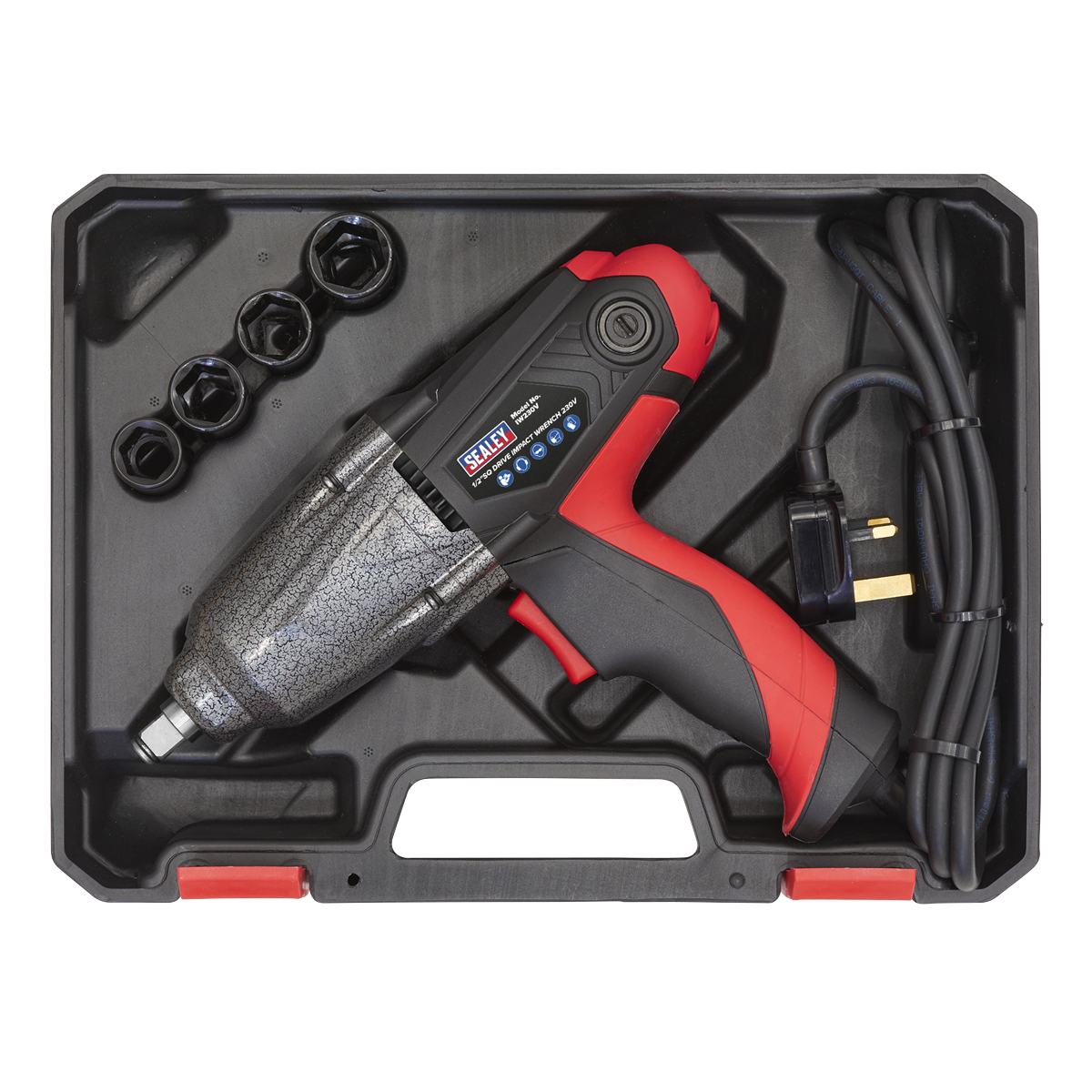 The Sealey Impact Wrench 1/2" Sq Drive 230V - IW230V, in striking red and black, is showcased in a plastic case with four high-performance impact sockets and a power cord. The case is open, proudly displaying the tools.