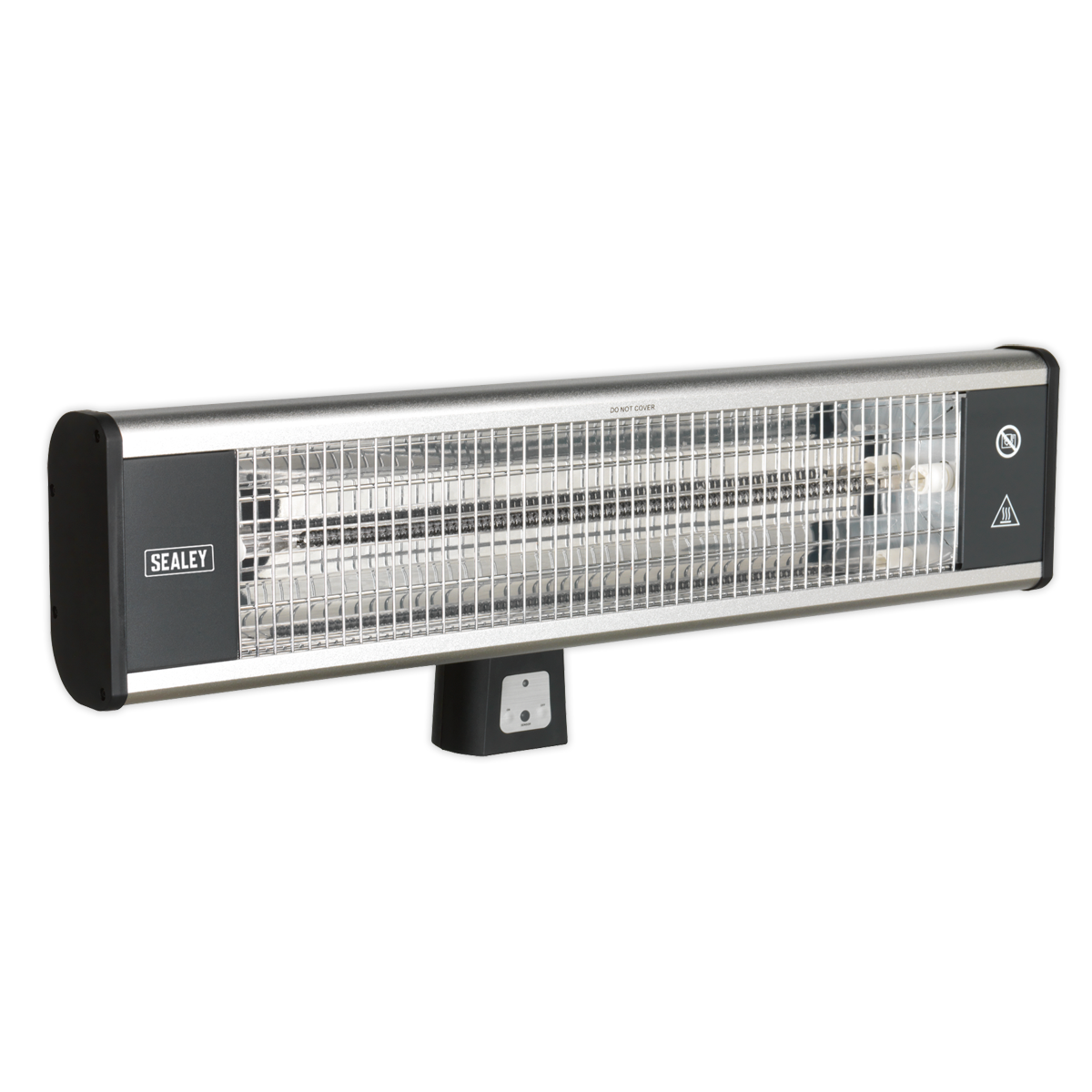 The High Efficiency Carbon Fibre Infrared Wall Heater 1800W/230V - IWMH1809R by Sealey features a metallic grill and control buttons underneath. The brand name "Sealey" is clearly visible on the left side. This IP65 rated industrial heater is designed for both indoor and outdoor use, providing durability and reliability in various environments.