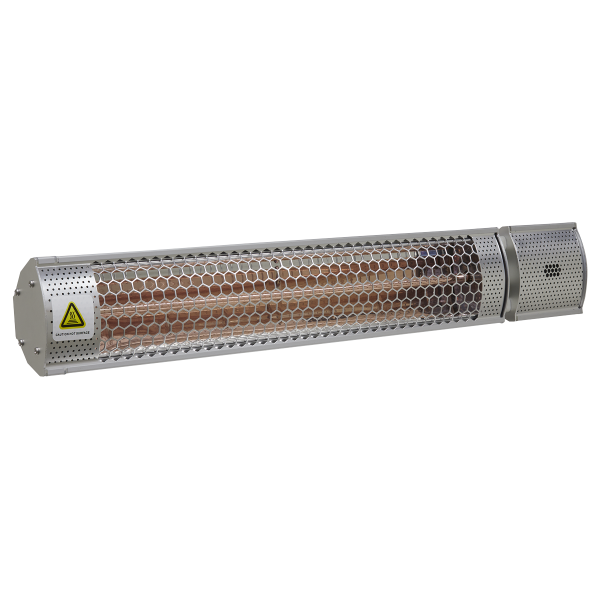 The Sealey High Efficiency Infrared Short Wave Wall Mounting Heater 2000W (IWMH2000R) is an industrial-grade, wall-mounted heater featuring a honeycomb protective grille, a caution triangle label, and is designed for outdoor use.