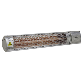 The Sealey High Efficiency Infrared Short Wave Wall Mounting Heater 2000W (IWMH2000R) is an industrial-grade, wall-mounted heater featuring a honeycomb protective grille, a caution triangle label, and is designed for outdoor use.