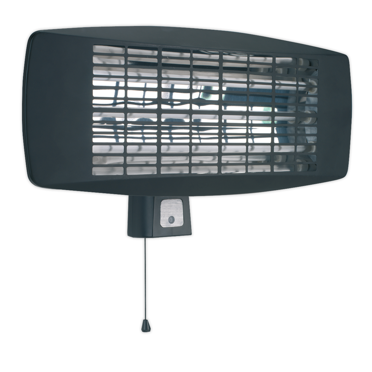 The Sealey Infrared Quartz Heater - Wall Mounting 2000W/230V (IWMH2003) features a protective grille and a convenient pull cord switch, designed for maximum heat efficiency.