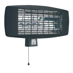 The Sealey Infrared Quartz Heater - Wall Mounting 2000W/230V (IWMH2003) features a protective grille and a convenient pull cord switch, designed for maximum heat efficiency.