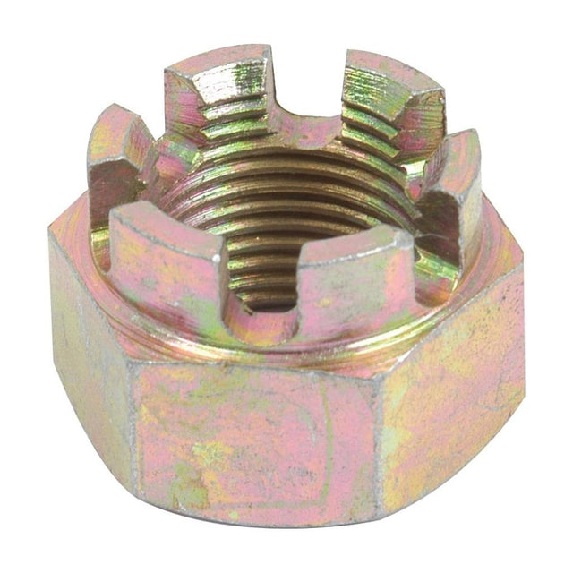 A close-up of the Sparex Imperial Castle Nut, a 3/4'' UNF (DIN 935) hex nut with castellations on one end, designed for locking purposes in machinery and automotive applications, commonly used in John Deere equipment.