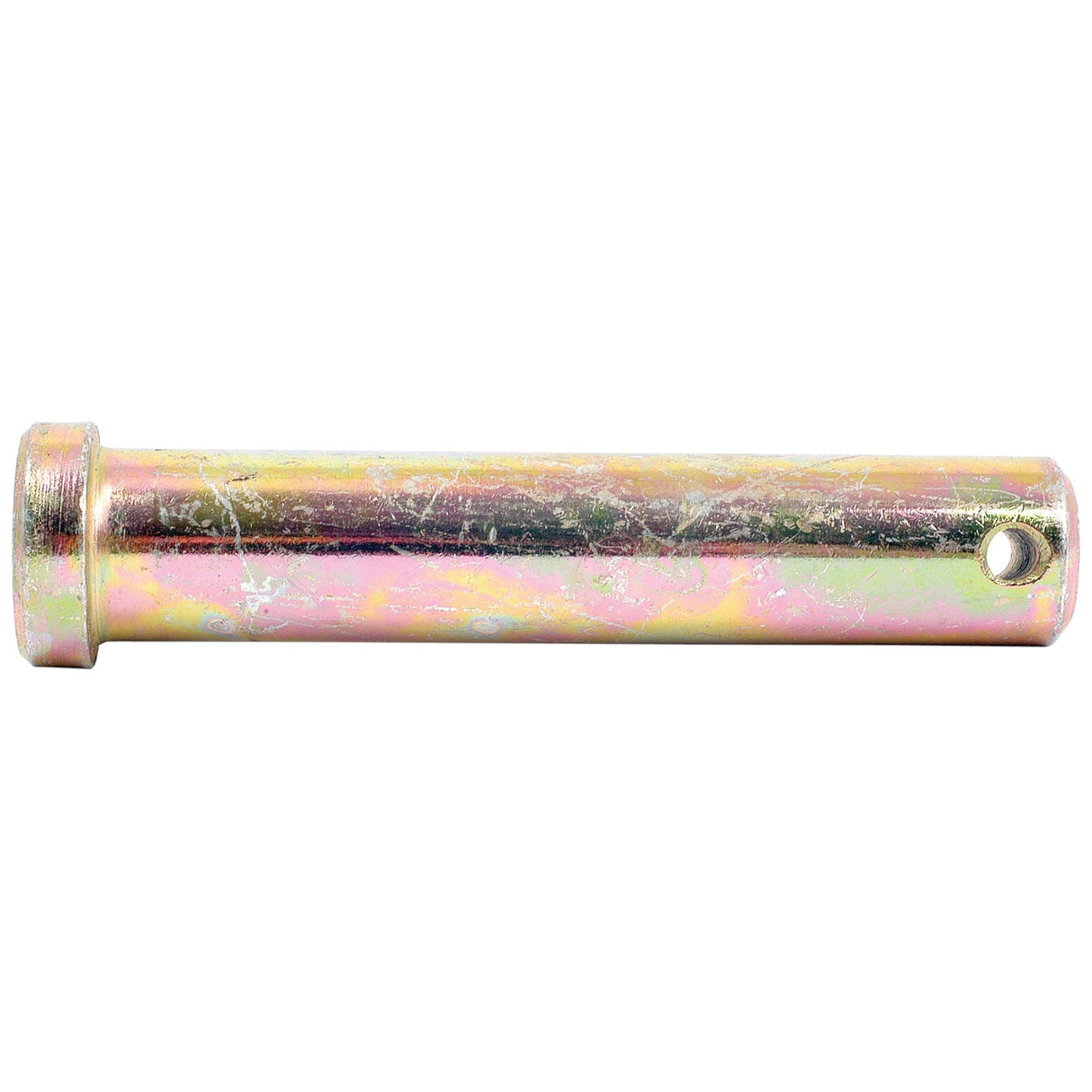 A cylindrical metal pin with a hole at one end and a flat cap at the other, featuring a reflective, slightly tarnished surface, reminiscent of the Sparex Imperial Clevis Pin Ø3/4'' x 3 3/8'' (Sparex Part No. S.1446).