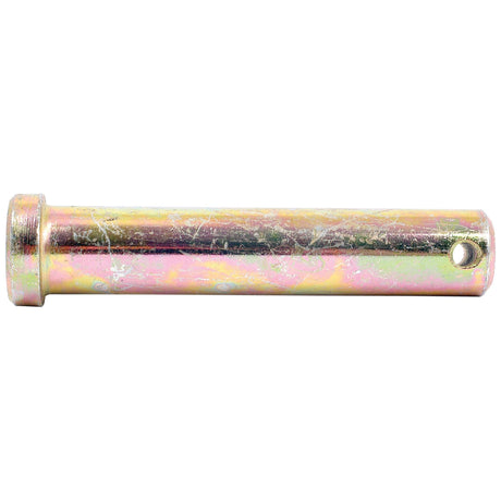 A cylindrical metal pin with a hole at one end and a flat cap at the other, featuring a reflective, slightly tarnished surface, reminiscent of the Sparex Imperial Clevis Pin Ø3/4'' x 3 3/8'' (Sparex Part No. S.1446).