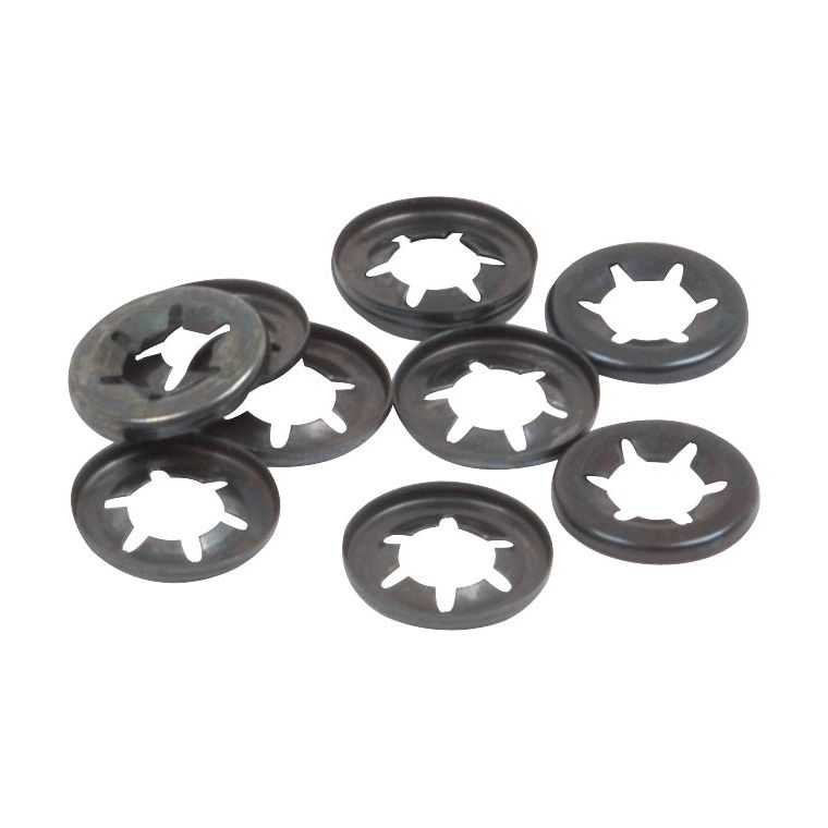 A collection of black, round Sparex NLA Imperial Starlock Washers (Sparex Part No.S.14329) with internal star-shaped grips, sized at 1/2'', partially overlap each other on a white background.