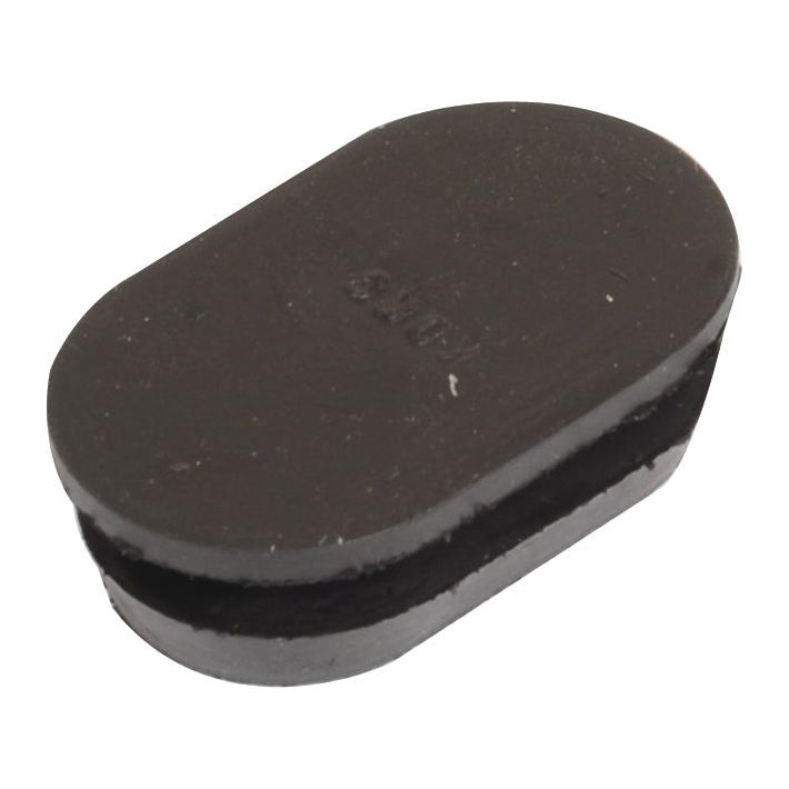 The Inspection Plug (Sparex Part No. S.43951) by Sparex is an oval-shaped black rubber stopper with a slightly raised center and a groove along the side, making it ideal for use as an inspection plug in agricultural machinery like the Landini 5500 or Massey Ferguson 1014.