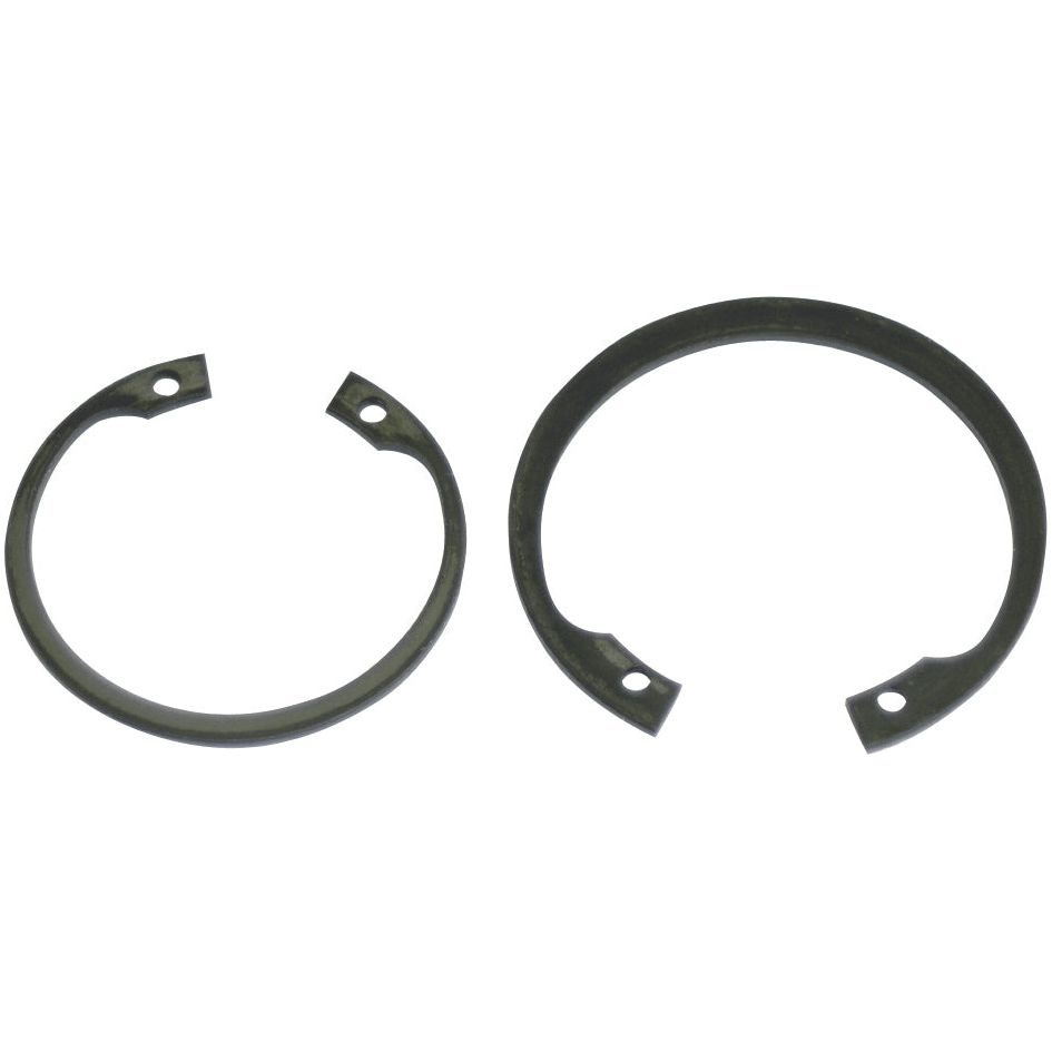Product Description: A pair of Sparex Internal Circlips, one smaller and open, the other larger and partially open with an 80mm DIN size (Standard No. DIN 472), each featuring two small holes near their ends. Perfect for internal circlip applications in machinery like a Zetor tractor. Sparex Part No.S.55118.