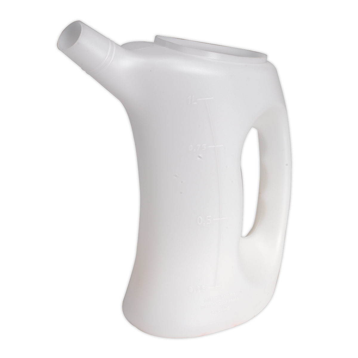 The Sealey Measuring Jug with Rigid Spout 1L – J1 is a white polyethylene male urinal featuring an ergonomic design, a fixed spout, and volume measurements on the side.