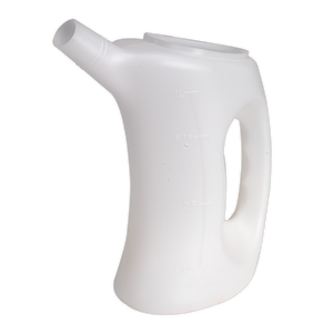 The Sealey Measuring Jug with Rigid Spout 1L – J1 is a white polyethylene male urinal featuring an ergonomic design, a fixed spout, and volume measurements on the side.