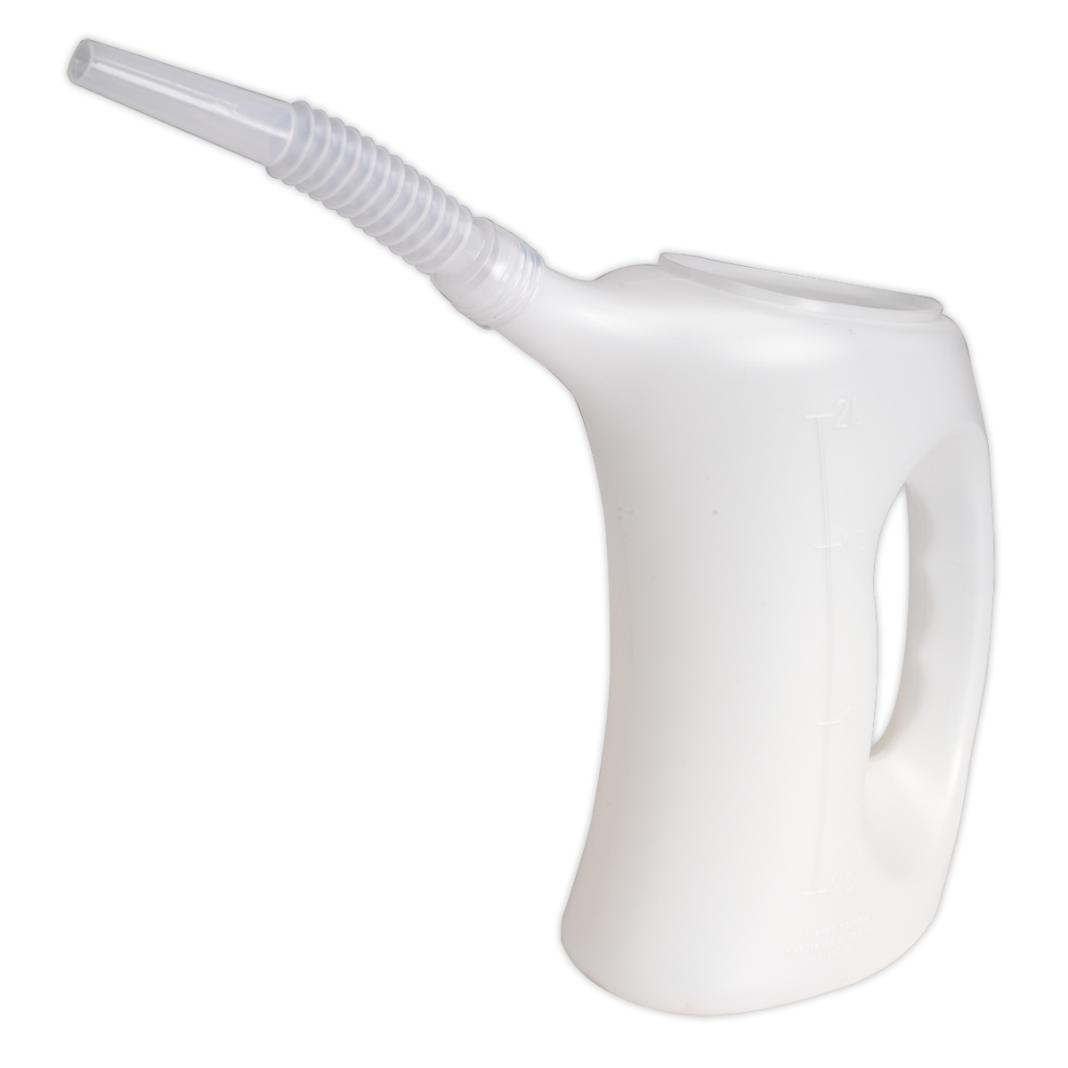 The Sealey Measuring Jug with Flexible Spout 2L - J2F is a white polyethylene container designed for dispensing oil, featuring a flexible spout, an ergonomic design, and a side handle for easy pouring.