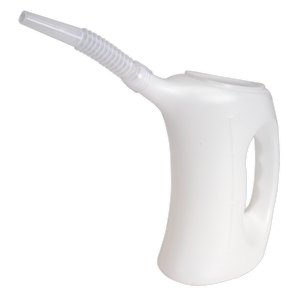 The Sealey Measuring Jug with Flexible Spout 2L - J2F is a white polyethylene container designed for dispensing oil, featuring a flexible spout, an ergonomic design, and a side handle for easy pouring.