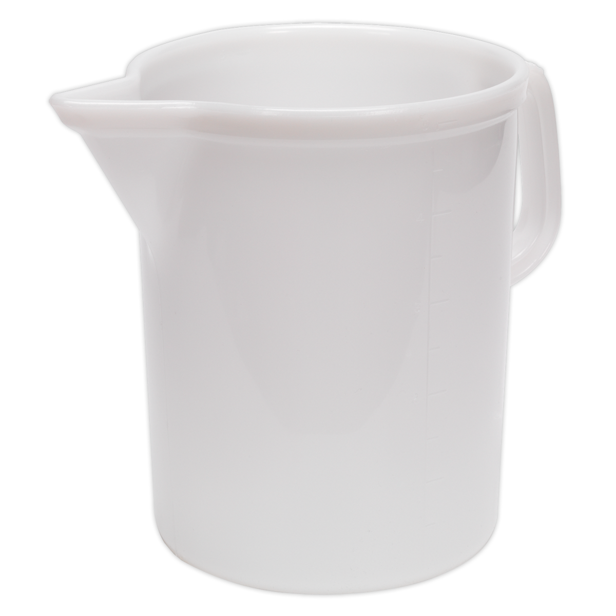 A Sealey Measuring Jug 5L - J5E, an opaque polythene jug with a handle and spout, featuring 500ml graduations.