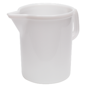 A Sealey Measuring Jug 5L - J5E, an opaque polythene jug with a handle and spout, featuring 500ml graduations.