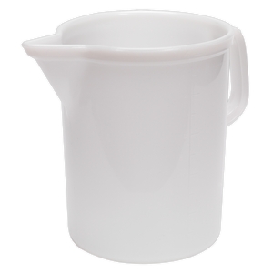 A Sealey Measuring Jug 5L - J5E, an opaque polythene jug with a handle and spout, featuring 500ml graduations.