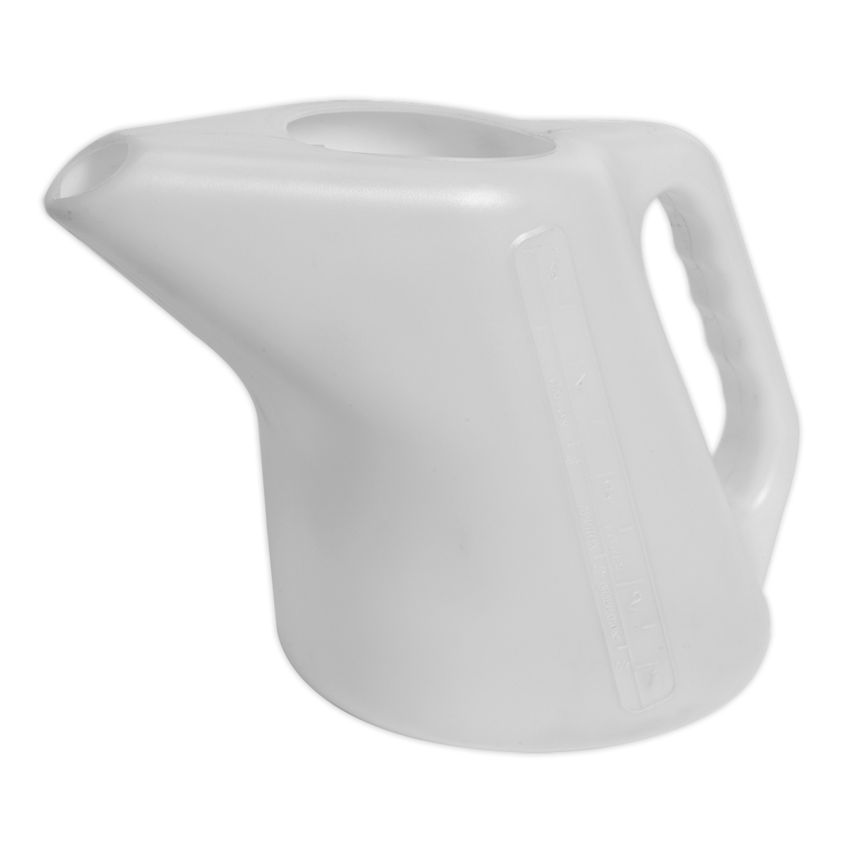 Introducing the Sealey Measuring Jug 5L - J5RS, a durable polyethylene jug with a contoured handle and an ergonomic design. This jug features a sleek, curved spout for ease of use.