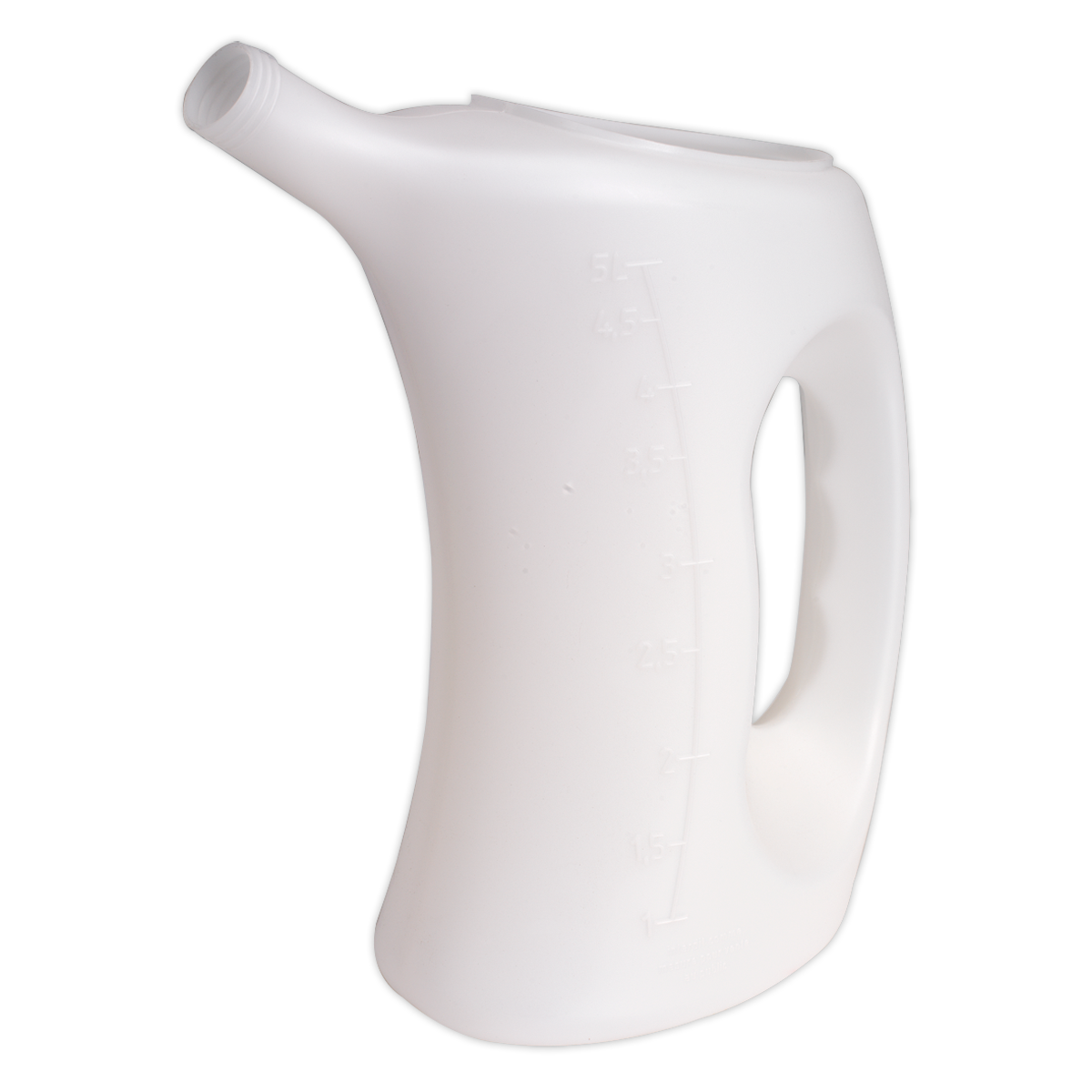 The Measuring Jug with Rigid Spout 5L - J5 by Sealey is a white polyethylene jug with a handle, a fixed spout, and volume measurements marked on its side, featuring an ergonomic design for ease of use.