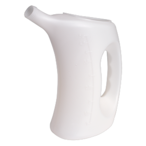 The Measuring Jug with Rigid Spout 5L - J5 by Sealey is a white polyethylene jug with a handle, a fixed spout, and volume measurements marked on its side, featuring an ergonomic design for ease of use.