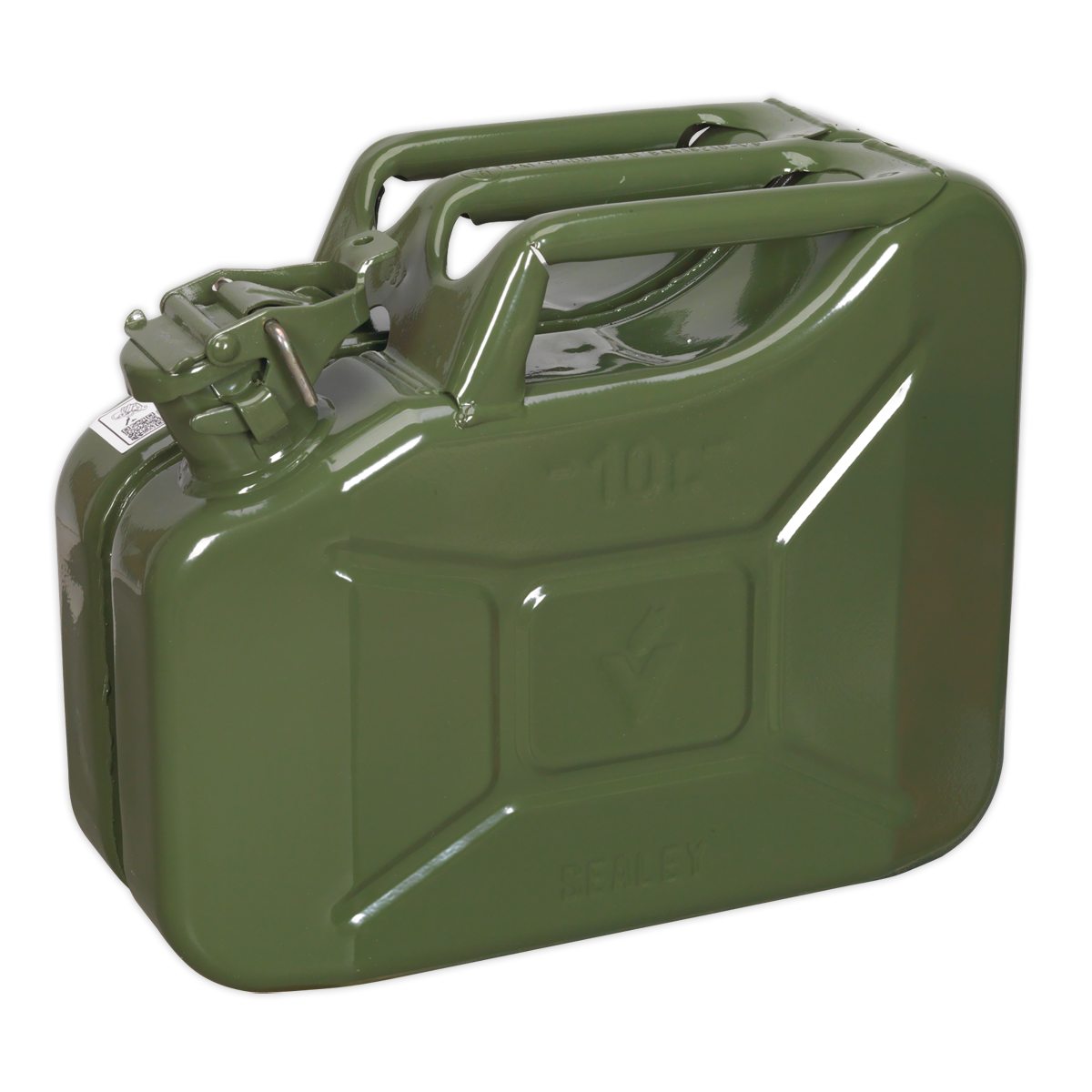 Introducing the Sealey Jerry Can 10L - Green - JC10G, featuring a fuel-resistant lining, a secure locking cap, and a convenient handle for easy transport.