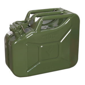 Introducing the Sealey Jerry Can 10L - Green - JC10G, featuring a fuel-resistant lining, a secure locking cap, and a convenient handle for easy transport.