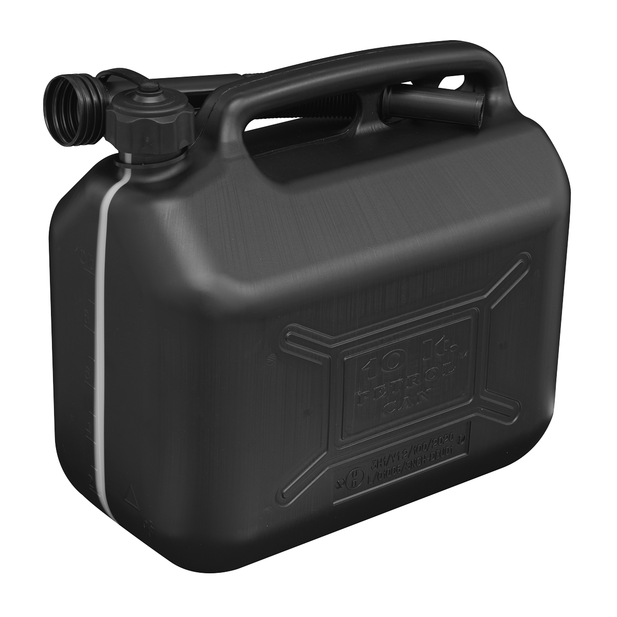 A Sealey Fuel Can 10L - Black (JC10PB) made of plastic, featuring a screw-on cap, flexible spout, and built-in handle, specifically labeled for holding diesel.