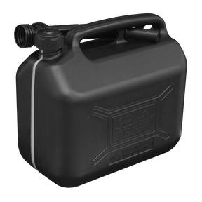 A Sealey Fuel Can 10L - Black (JC10PB) made of plastic, featuring a screw-on cap, flexible spout, and built-in handle, specifically labeled for holding diesel.
