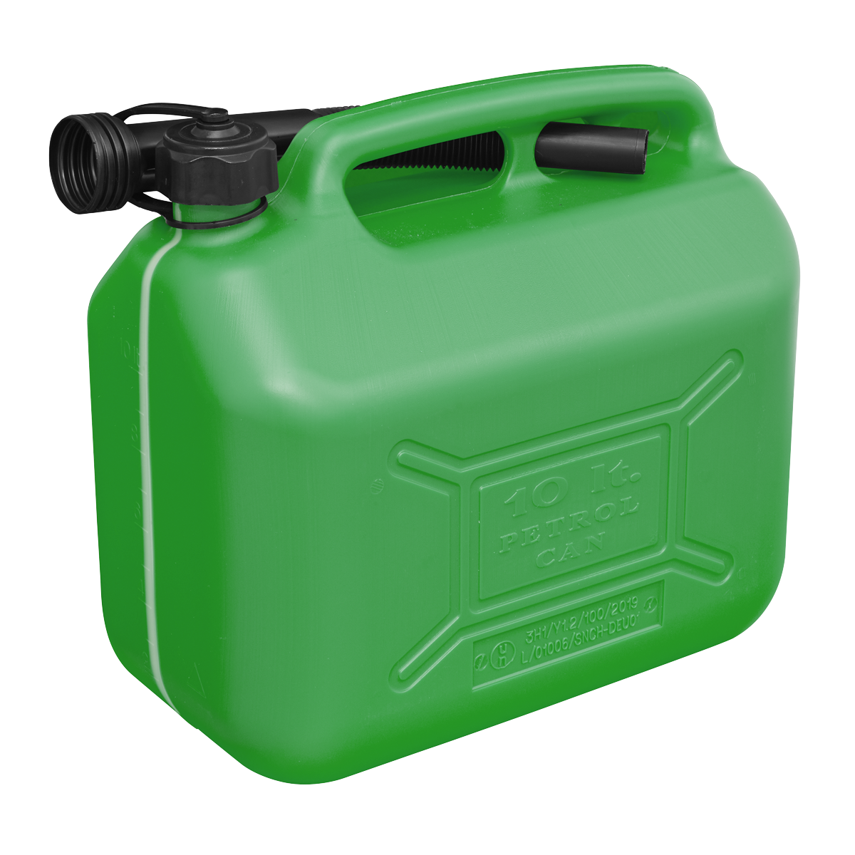 The Sealey Fuel Can 10L - Green - JC10PG is a high-quality plastic fuel can equipped with a handle and a flexible spout, complete with a safety screw lock cap for secure storage and transportation of fuel.