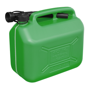 The Sealey Fuel Can 10L - Green - JC10PG is a high-quality plastic fuel can equipped with a handle and a flexible spout, complete with a safety screw lock cap for secure storage and transportation of fuel.