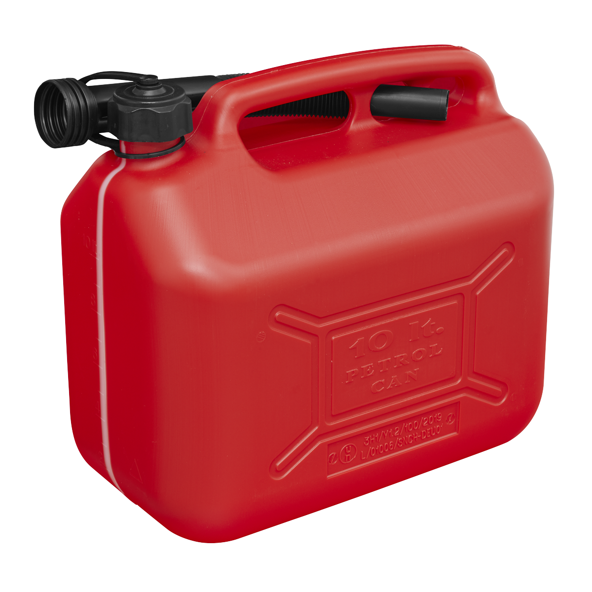 The Sealey Fuel Can 10L - Red (JC10PR) is a red 10-liter fuel can with a black handle and flexible spout, designed for fuel storage and transport, featuring a safety screw lock cap.