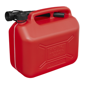 The Sealey Fuel Can 10L - Red (JC10PR) is a red 10-liter fuel can with a black handle and flexible spout, designed for fuel storage and transport, featuring a safety screw lock cap.