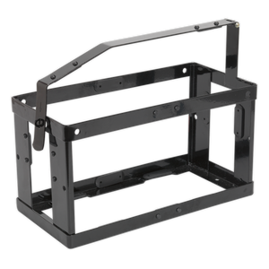 The Sealey Vehicle Bracket for JC10, JC10B & JC10G - JC10VB is a black metal battery carrier with a handle and rectangular frame, featuring anti-vibration mounts to secure and transport a car battery.