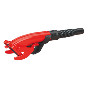Red fuel nozzle with a black rubber hose attached, featuring the Sealey JC5MR code for compatibility and a detachable red pouring spout for easy use with JC5MR, JC10, JC20, and JC20/S models.
