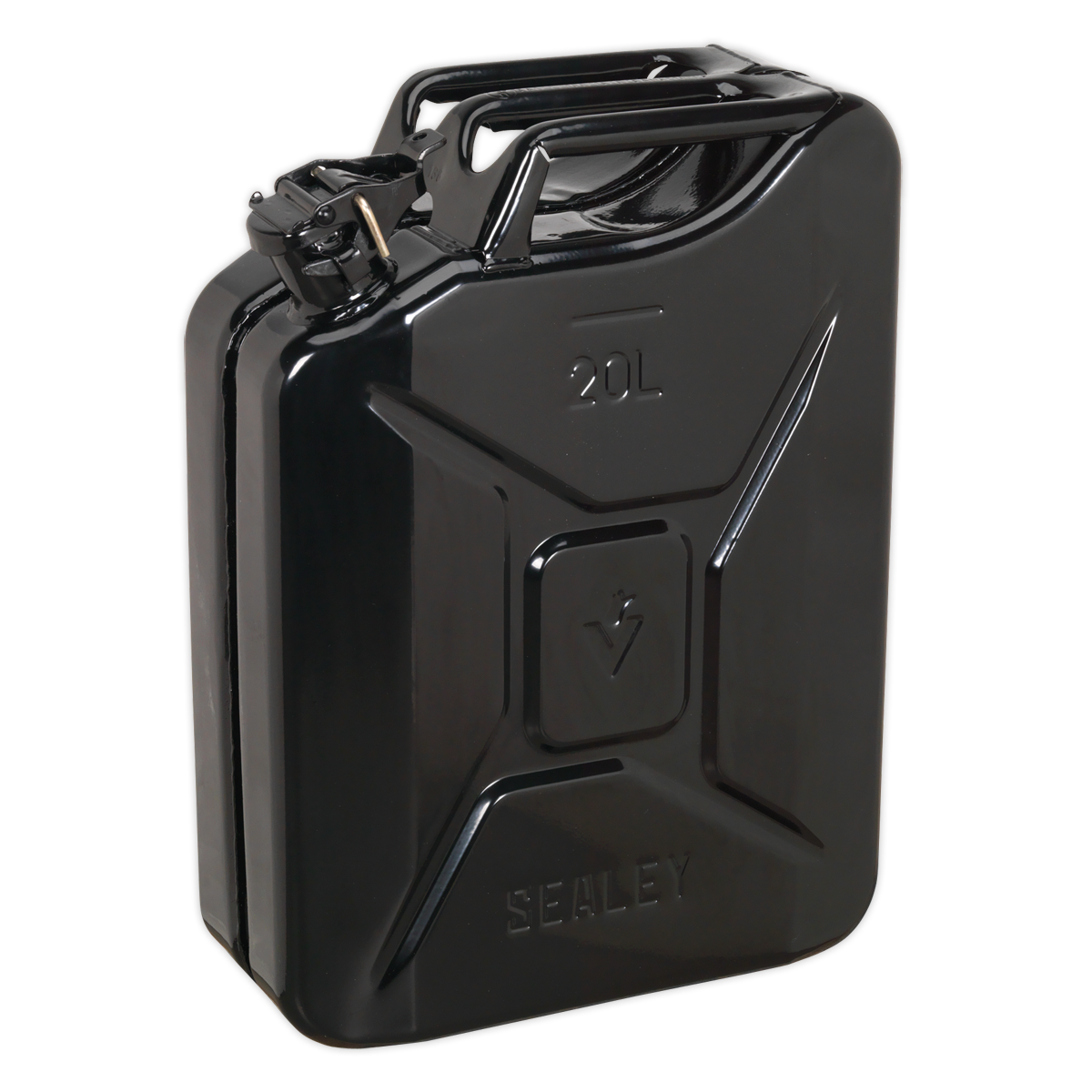 A Sealey Jerry Can 20L - Black - JC20B, designed for safe fuel storage and transportation, featuring a handle and spout. This jerry can is equipped with a fuel-resistant lining for added durability.