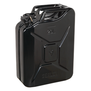 A Sealey Jerry Can 20L - Black - JC20B, designed for safe fuel storage and transportation, featuring a handle and spout. This jerry can is equipped with a fuel-resistant lining for added durability.