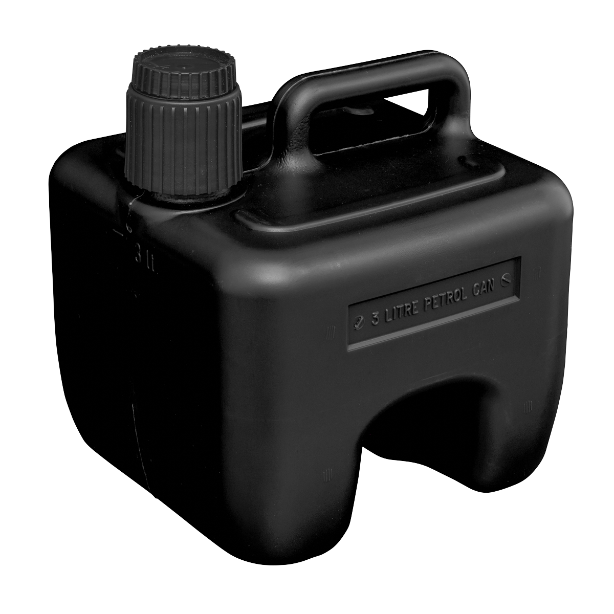 Introducing the Sealey Stackable Fuel Can 3L - Black (JC3B), featuring a screw-on cap and a convenient carry handle.