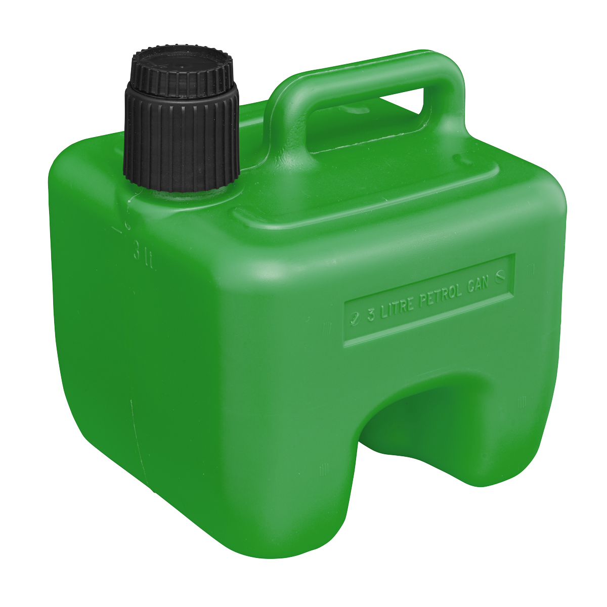 Sealey Stackable Fuel Can 3L - Green - JC3G, a green plastic fuel can with a black safety screw lock cap, a built-in handle, and a flexible spout.