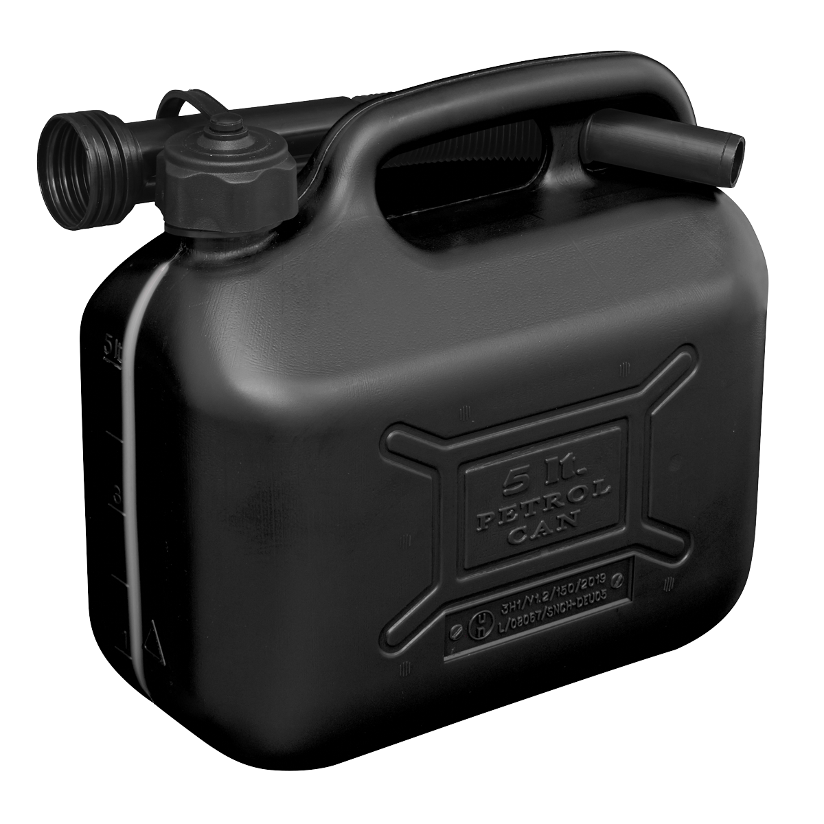 The Sealey Fuel Can 5L - Black (JC5B), featuring a flexible spout and safety screw lock cap, lies against a white background.