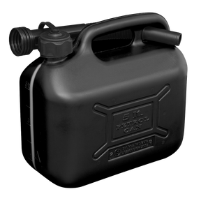 The Sealey Fuel Can 5L - Black (JC5B), featuring a flexible spout and safety screw lock cap, lies against a white background.