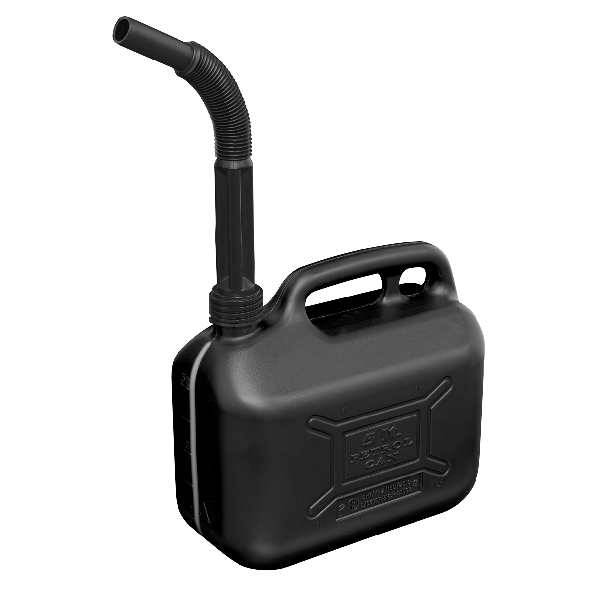 The Sealey Fuel Can 5L - Black - JC5B features a flexible spout, safety screw lock cap, and carrying handle.