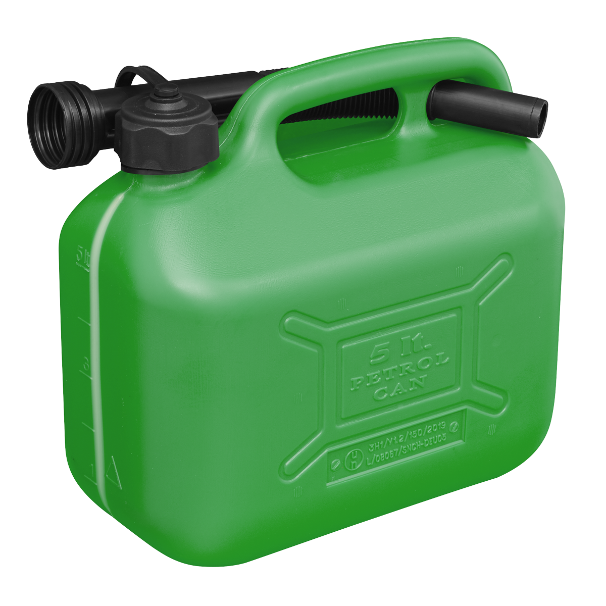 This Sealey Fuel Can 5L - Green - JC5G features a flexible spout and a safety screw lock cap attached to the top.