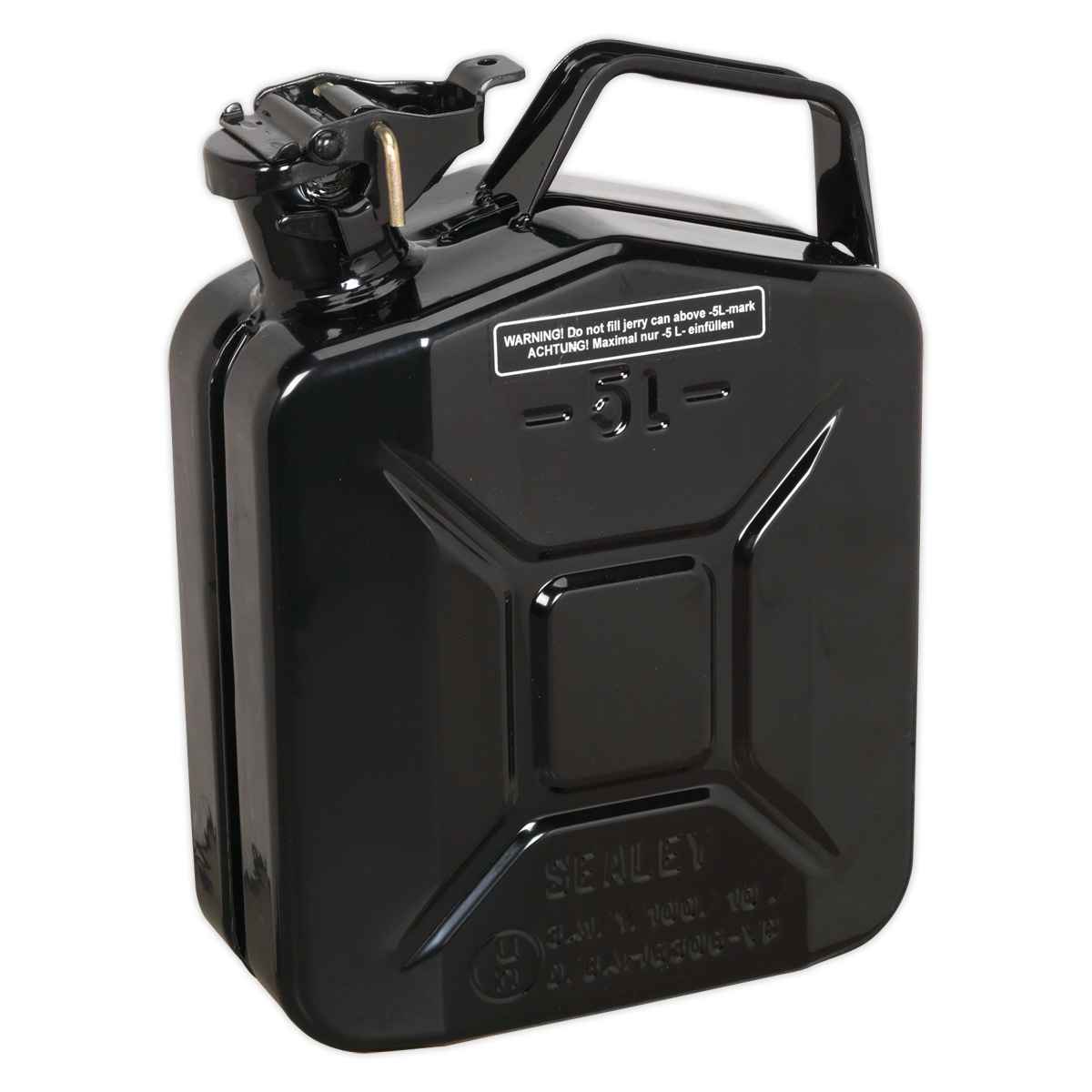 The Sealey Jerry Can 5L - Black - JC5MB features a secure cap, fuel-resistant lining, and a warning label on the front.