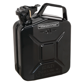 The Sealey Jerry Can 5L - Black - JC5MB features a secure cap, fuel-resistant lining, and a warning label on the front.