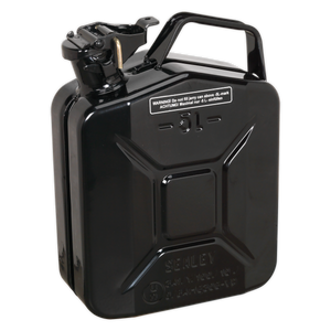 The Sealey Jerry Can 5L - Black - JC5MB features a secure cap, fuel-resistant lining, and a warning label on the front.