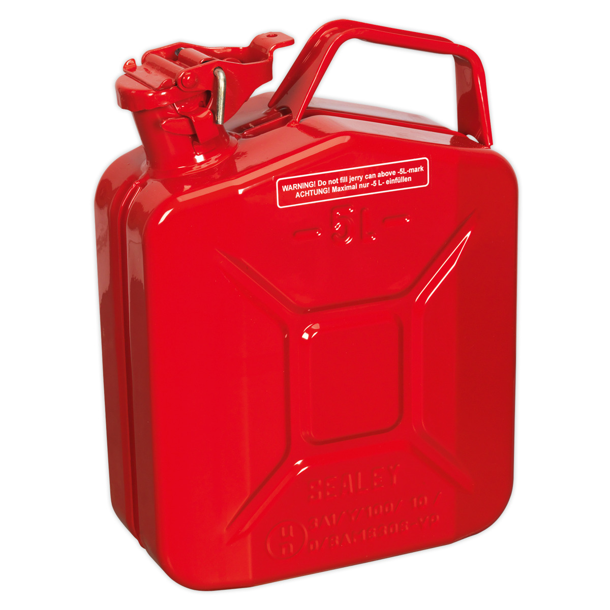 The Sealey Jerry Can 5L - Red (JC5MR) features a spout and handle, with warnings printed in white text near the top. It also boasts a fuel-resistant lining for added durability.