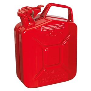 The Sealey Jerry Can 5L - Red (JC5MR) features a spout and handle, with warnings printed in white text near the top. It also boasts a fuel-resistant lining for added durability.