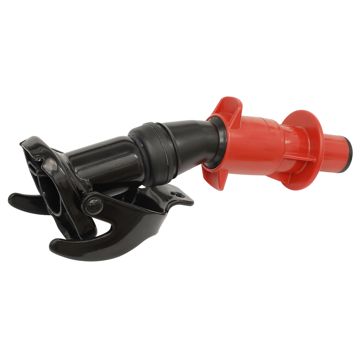 A Sealey Smart Spout for 5L & 10L Metal Jerry Cans – JCSS, featuring black and red components with a clamp mechanism at one end, designed for specific technical applications. It includes an automatic stop feature to ensure precise operations.