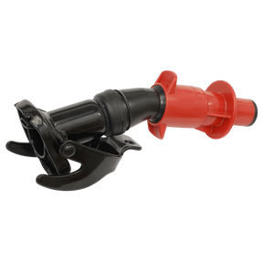 A Sealey Smart Spout for 5L & 10L Metal Jerry Cans – JCSS, featuring black and red components with a clamp mechanism at one end, designed for specific technical applications. It includes an automatic stop feature to ensure precise operations.
