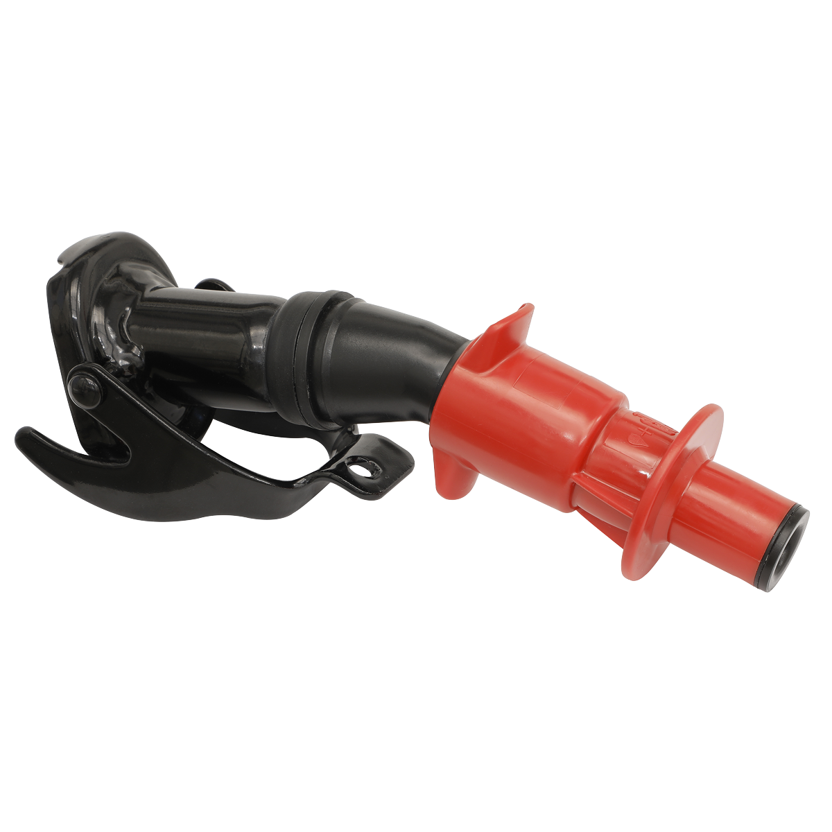 Introducing the Sealey Smart Spout for 5L & 10L Metal Jerry Cans - JCSS, a black and red gasoline pump nozzle with a detachable smart spout, featuring a curved design and handle for seamless operation.