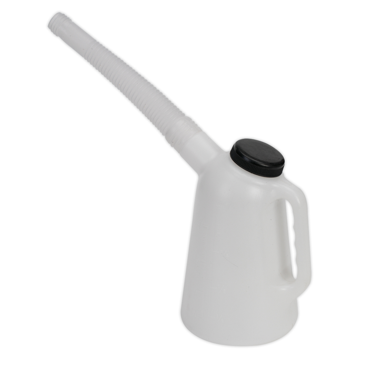 The Sealey Oil Container with Lid & Flexible Spout 1L - JDL1 is a white polyethylene jug with a screw cap, a long, flexible spout, and a built-in handle for easy pouring.